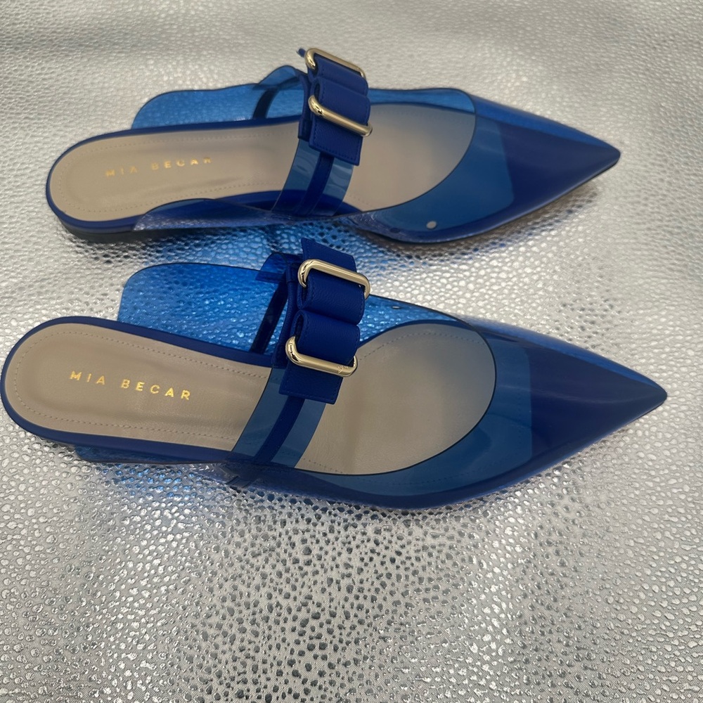 Chic Blue Mules with Gold Buckle - Picture 2 of 8